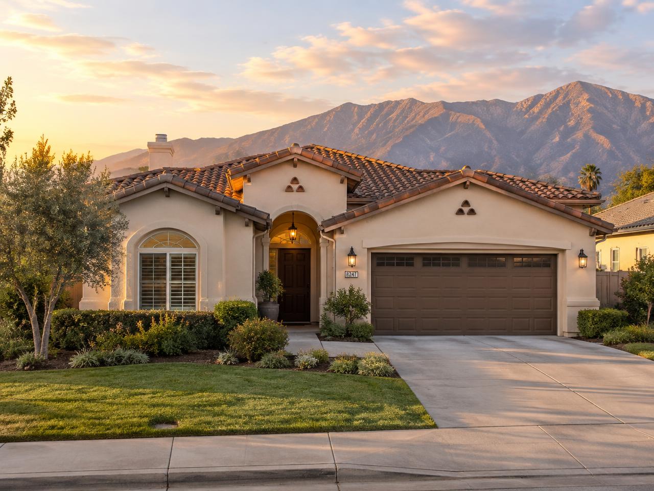 Spanish-style home with tile roof and mountain views