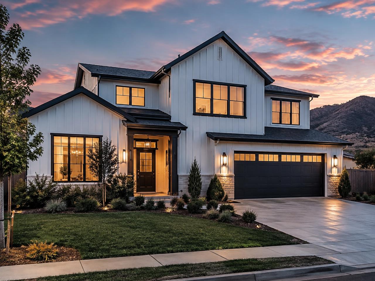 New construction farmhouse-style home at dusk