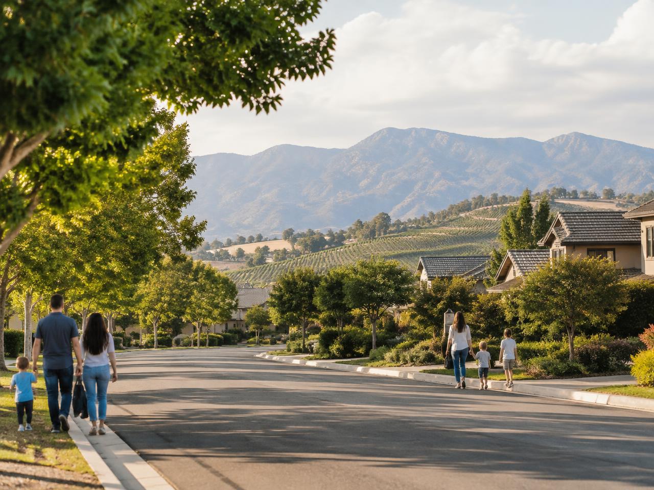 Families walking a tree-lined Rancho Cucamonga street